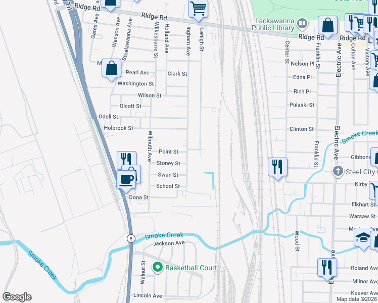 map of restaurants, bars, coffee shops, grocery stores, and more near 282 Ingham Avenue in Buffalo