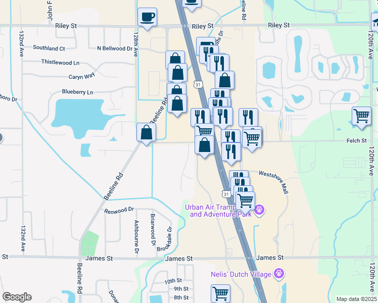 map of restaurants, bars, coffee shops, grocery stores, and more near 2753 Kragspough Court in Holland