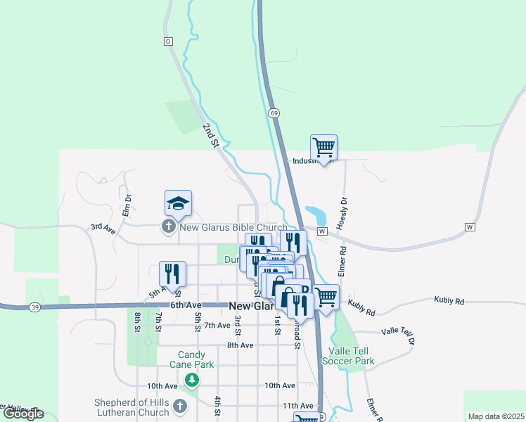 map of restaurants, bars, coffee shops, grocery stores, and more near 114 2nd Street in New Glarus