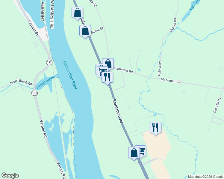 map of restaurants, bars, coffee shops, grocery stores, and more near 821 Brattleboro Road in Hinsdale