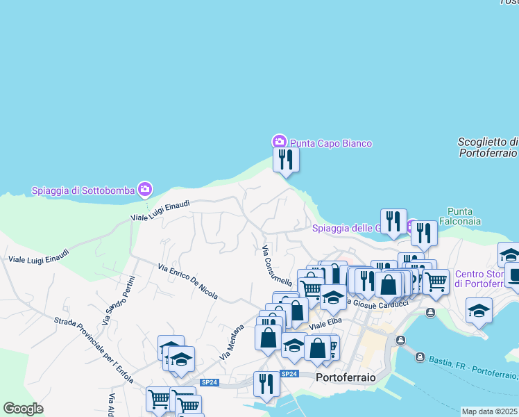 map of restaurants, bars, coffee shops, grocery stores, and more near 16 Viale Luigi Einaudi in Portoferraio
