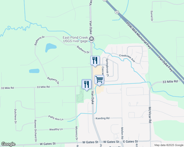 map of restaurants, bars, coffee shops, grocery stores, and more near 71260 Van Dyke Road in Macomb County