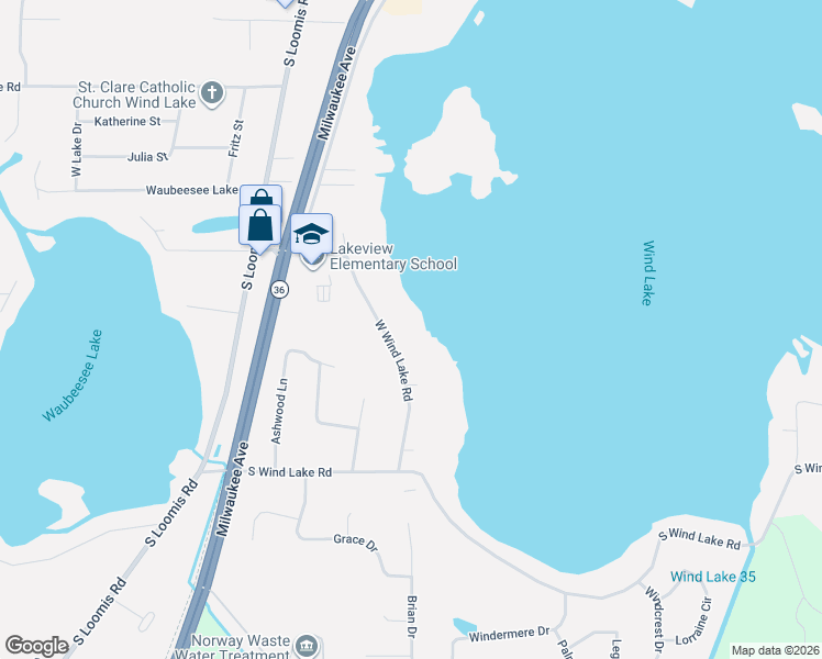 map of restaurants, bars, coffee shops, grocery stores, and more near 7235 West Wind Lake Road in Wind Lake
