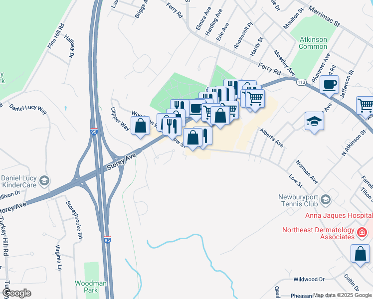 map of restaurants, bars, coffee shops, grocery stores, and more near 255 Low Street in Newburyport