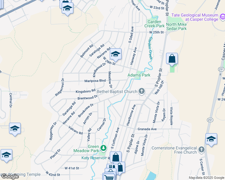 map of restaurants, bars, coffee shops, grocery stores, and more near 1699 Brentwood Dr in Casper