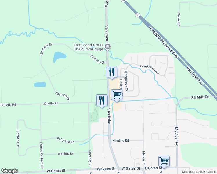 map of restaurants, bars, coffee shops, grocery stores, and more near 71260 Van Dyke in Macomb County