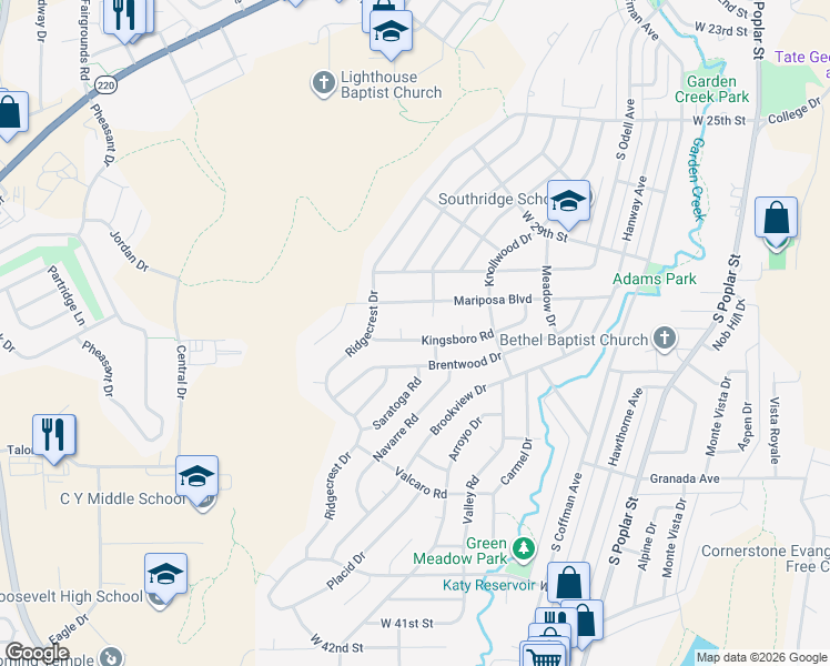 map of restaurants, bars, coffee shops, grocery stores, and more near 2104 Kingsboro Road in Casper