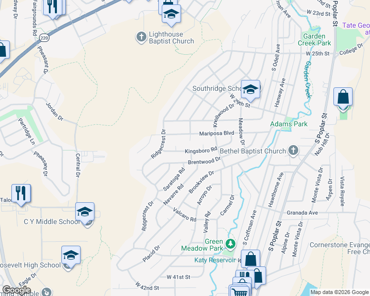 map of restaurants, bars, coffee shops, grocery stores, and more near 2104 Kingsboro Road in Casper