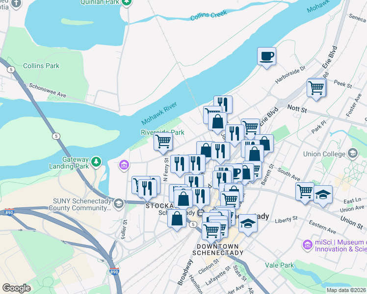 map of restaurants, bars, coffee shops, grocery stores, and more near 130 Front Street in Schenectady