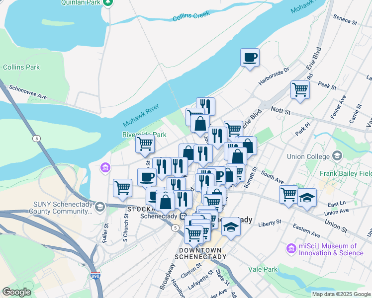 map of restaurants, bars, coffee shops, grocery stores, and more near 115 North College Street in Schenectady