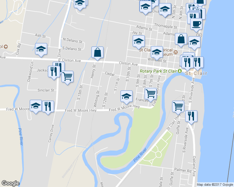 map of restaurants, bars, coffee shops, grocery stores, and more near 1153 South 11th Street in Saint Clair