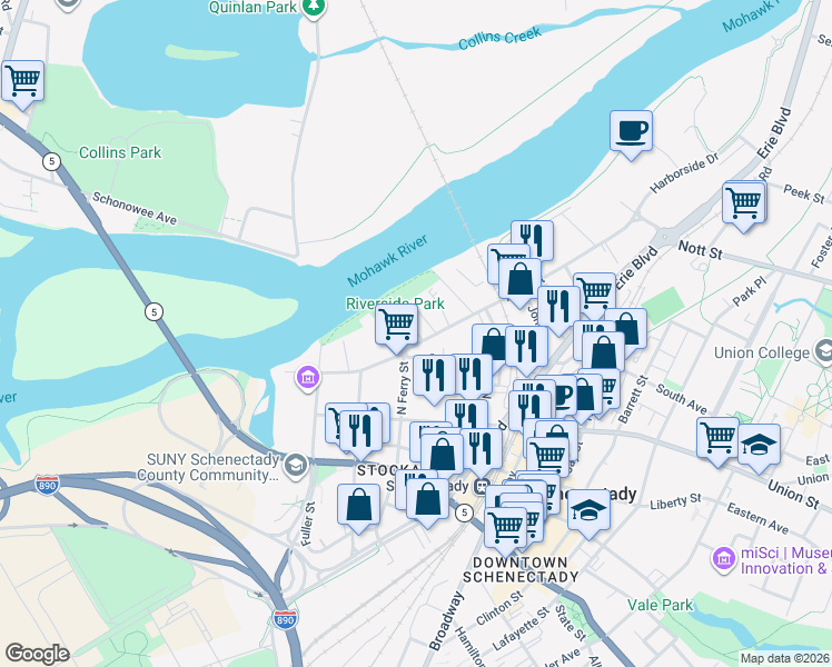 map of restaurants, bars, coffee shops, grocery stores, and more near 113 Front Street in Schenectady