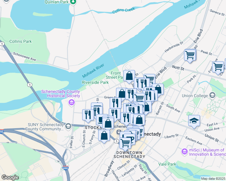 map of restaurants, bars, coffee shops, grocery stores, and more near 136 Front Street in Schenectady