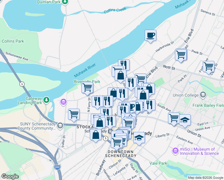 map of restaurants, bars, coffee shops, grocery stores, and more near 121 North College Street in Schenectady