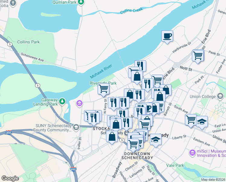 map of restaurants, bars, coffee shops, grocery stores, and more near 130 Front Street in Schenectady