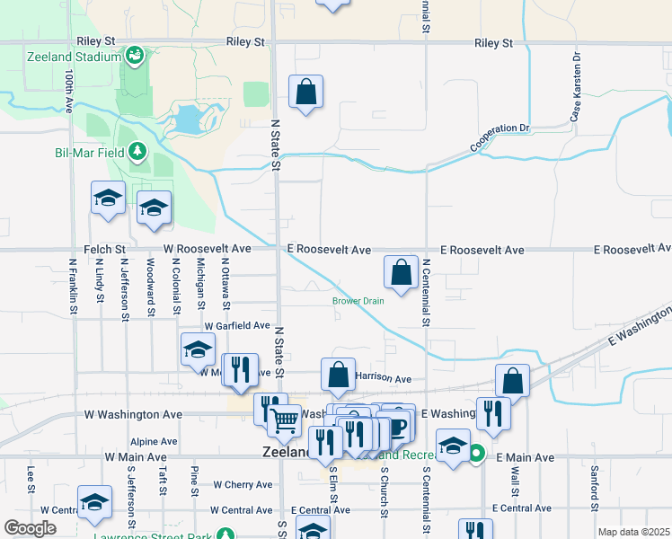 map of restaurants, bars, coffee shops, grocery stores, and more near 90 East Roosevelt Avenue in Zeeland