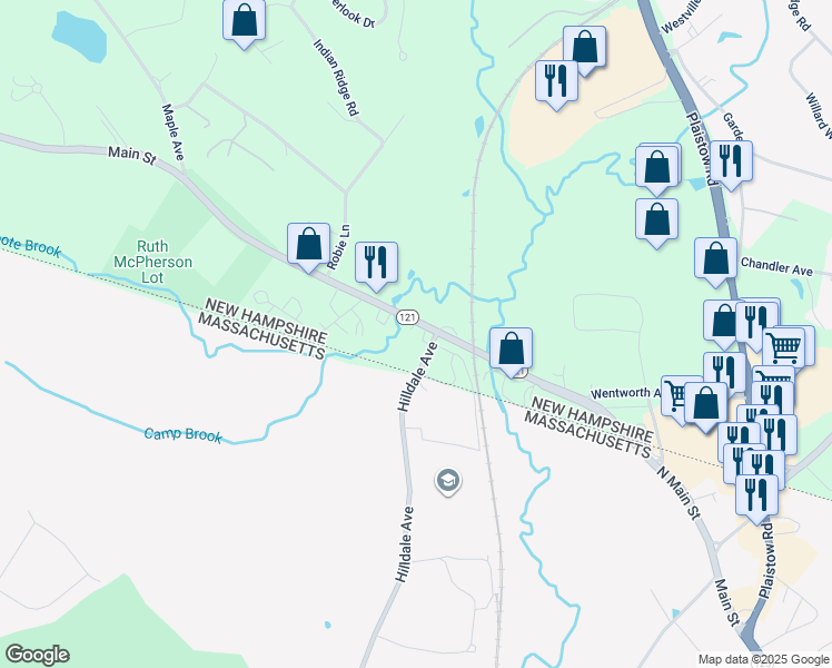 map of restaurants, bars, coffee shops, grocery stores, and more near 3 Main Street in Plaistow