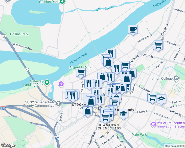 map of restaurants, bars, coffee shops, grocery stores, and more near 130 Front Street in Schenectady