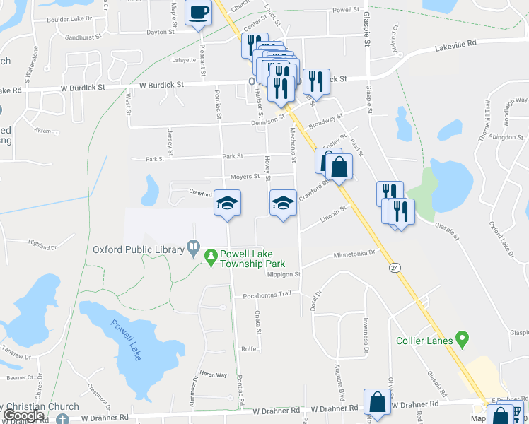 map of restaurants, bars, coffee shops, grocery stores, and more near 73 Hovey Street in Oakland County