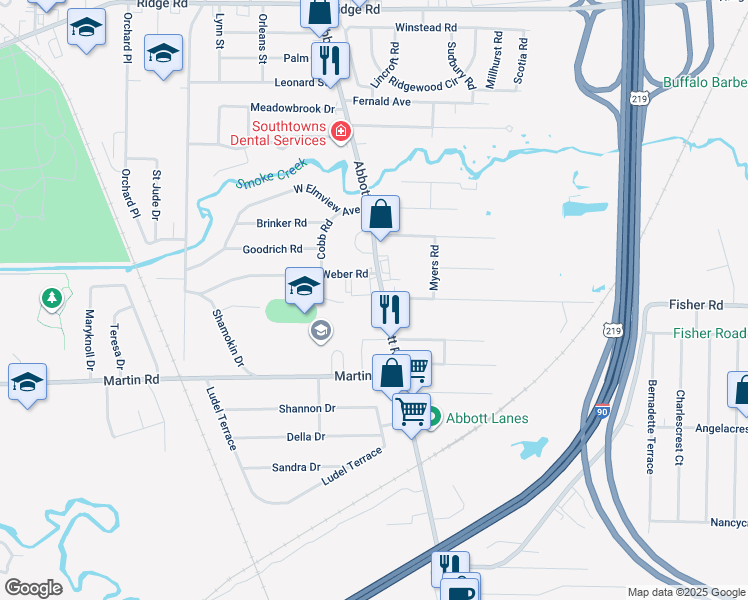 map of restaurants, bars, coffee shops, grocery stores, and more near 1687 Abbott Road in Buffalo