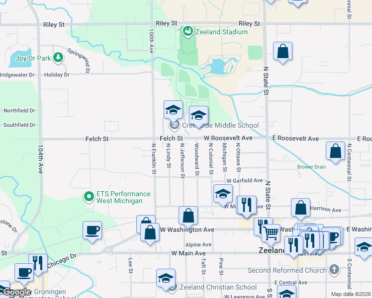 map of restaurants, bars, coffee shops, grocery stores, and more near 369 North Jefferson Street in Zeeland