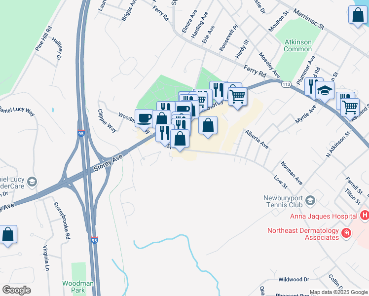 map of restaurants, bars, coffee shops, grocery stores, and more near 232 Low Street in Newburyport