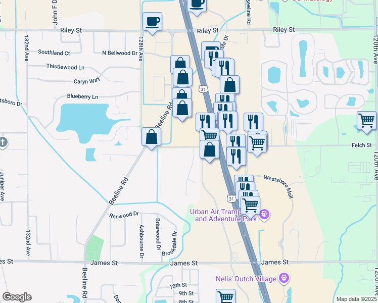 map of restaurants, bars, coffee shops, grocery stores, and more near 2753 Kragspough Court in Holland