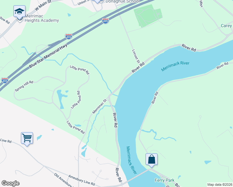 map of restaurants, bars, coffee shops, grocery stores, and more near 25 River Road in Merrimac