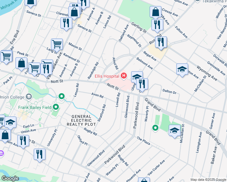 map of restaurants, bars, coffee shops, grocery stores, and more near 1477 Lowell Road in Schenectady