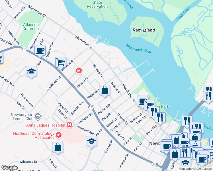 map of restaurants, bars, coffee shops, grocery stores, and more near 19 Woodland Street in Newburyport