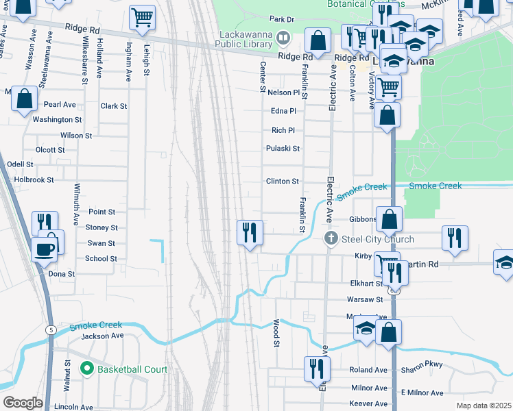 map of restaurants, bars, coffee shops, grocery stores, and more near 249 Center St in Buffalo