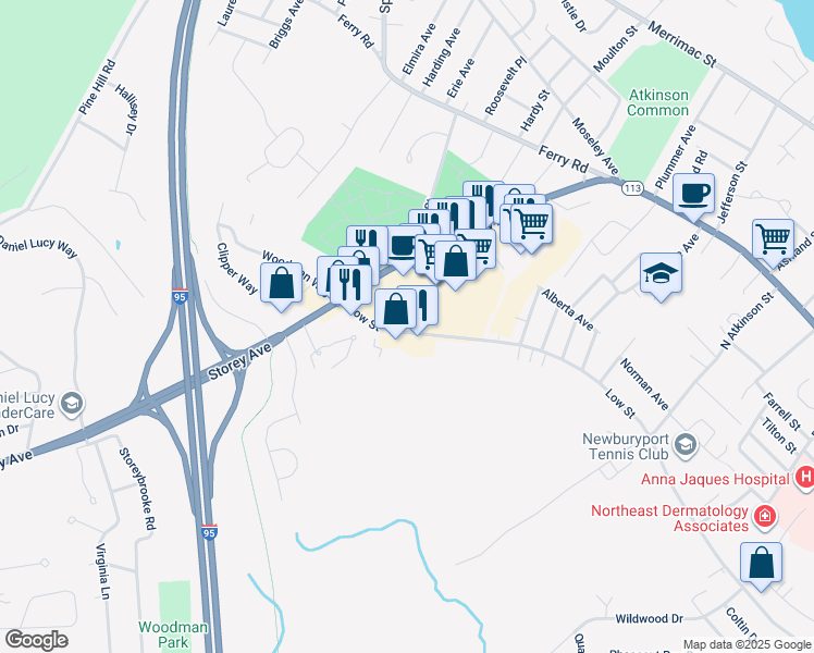 map of restaurants, bars, coffee shops, grocery stores, and more near 251 Low Street in Newburyport