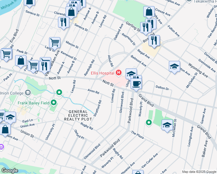 map of restaurants, bars, coffee shops, grocery stores, and more near 1477 Lowell Road in Schenectady