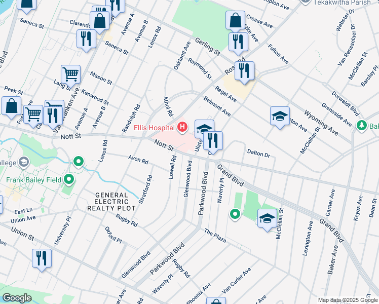 map of restaurants, bars, coffee shops, grocery stores, and more near 1229 Nott Street in Schenectady