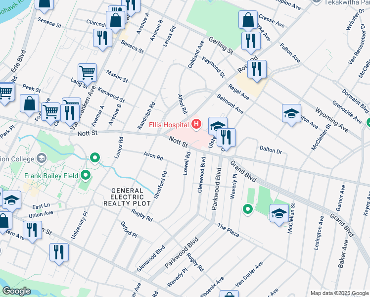 map of restaurants, bars, coffee shops, grocery stores, and more near 1477 Lowell Road in Schenectady