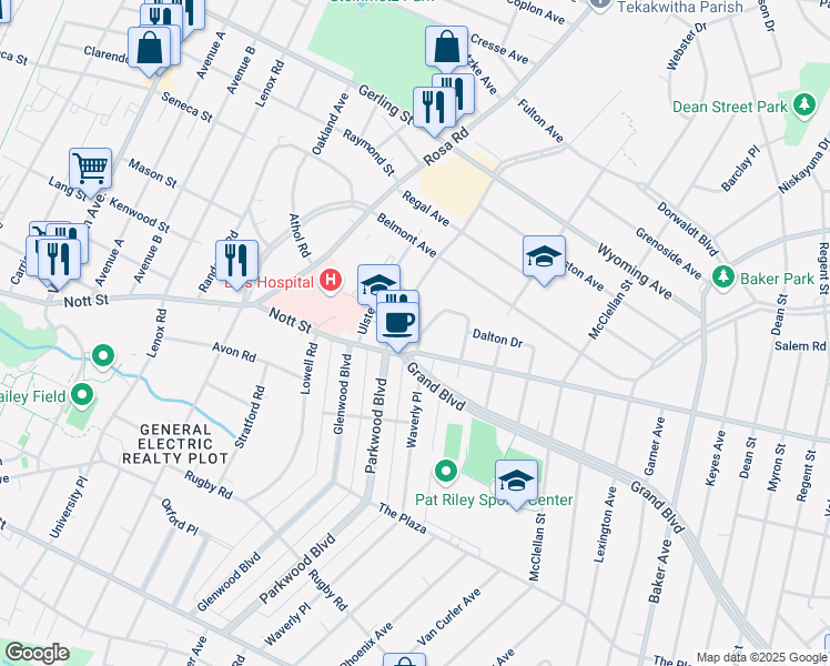 map of restaurants, bars, coffee shops, grocery stores, and more near 1509 Unadilla Street in Schenectady