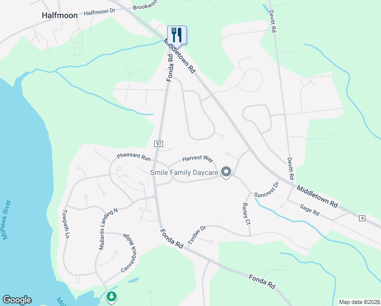 map of restaurants, bars, coffee shops, grocery stores, and more near 17A Harvest Way in Waterford
