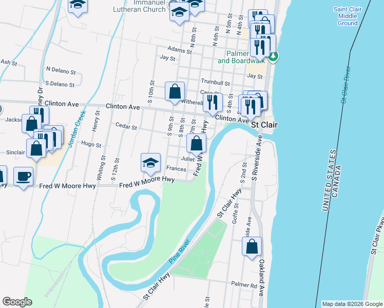 map of restaurants, bars, coffee shops, grocery stores, and more near 914 South 7th Street in Saint Clair