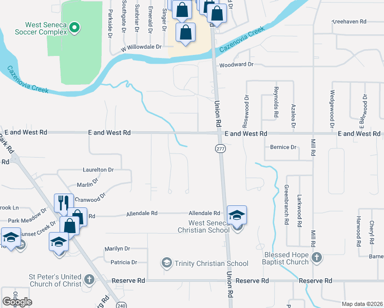 map of restaurants, bars, coffee shops, grocery stores, and more near 17 Cove Hollow in Buffalo