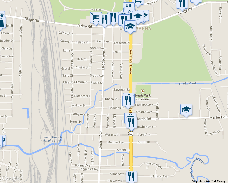 map of restaurants, bars, coffee shops, grocery stores, and more near 41 Newman Street in Buffalo
