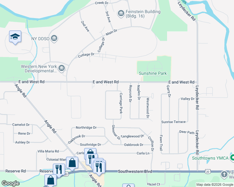 map of restaurants, bars, coffee shops, grocery stores, and more near 285 Carriage Park in Buffalo