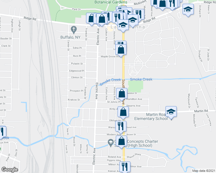 map of restaurants, bars, coffee shops, grocery stores, and more near 41 Newman Street in Buffalo