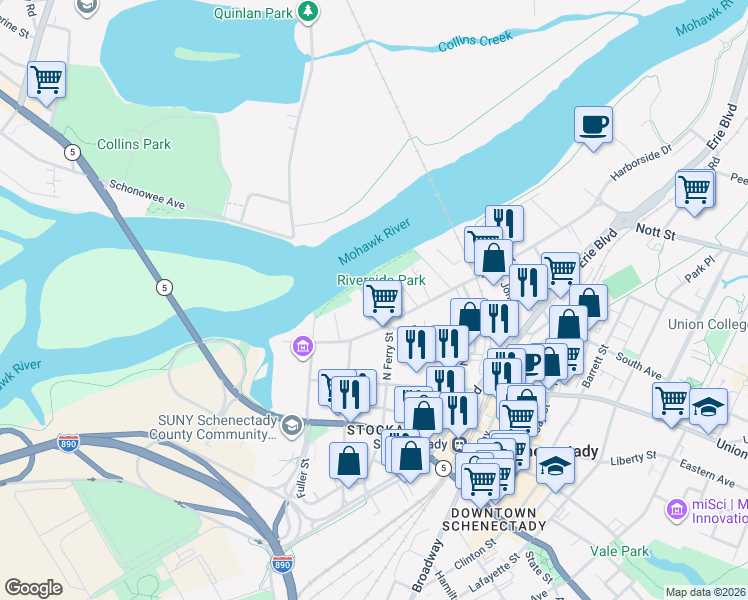 map of restaurants, bars, coffee shops, grocery stores, and more near 123 North Ferry Street in Schenectady