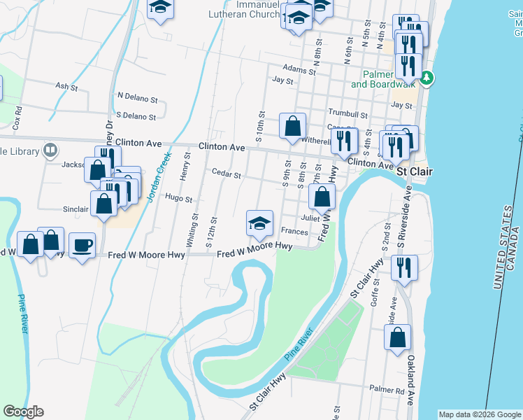 map of restaurants, bars, coffee shops, grocery stores, and more near 955 South 10th Street in Saint Clair
