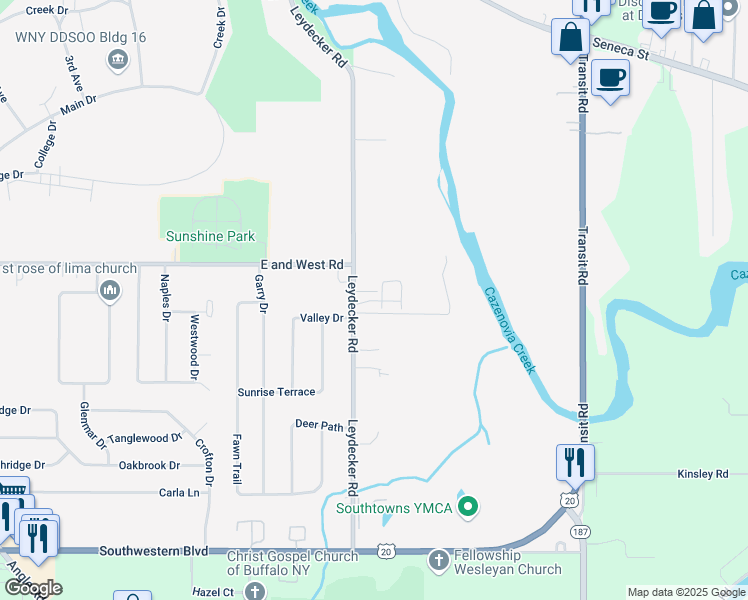 map of restaurants, bars, coffee shops, grocery stores, and more near 299 Leydecker Road in Buffalo