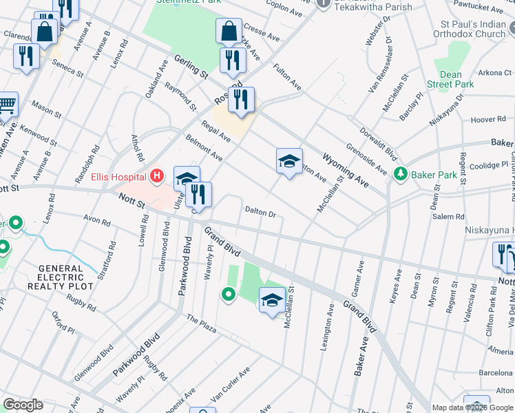 map of restaurants, bars, coffee shops, grocery stores, and more near 1455 Dalton Drive in Schenectady