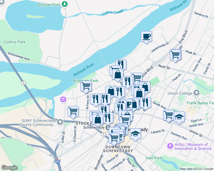 map of restaurants, bars, coffee shops, grocery stores, and more near 121 North College Street in Schenectady