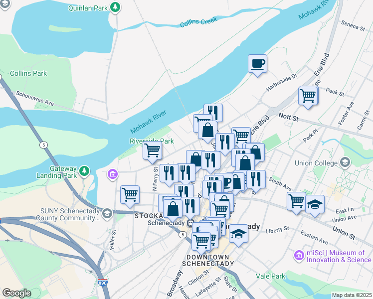 map of restaurants, bars, coffee shops, grocery stores, and more near 121 North College Street in Schenectady