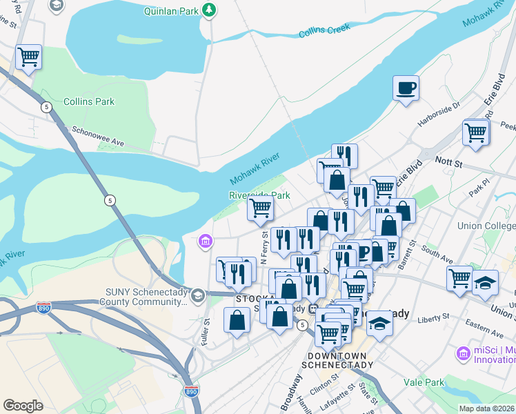 map of restaurants, bars, coffee shops, grocery stores, and more near 100 North Ferry Street in Schenectady
