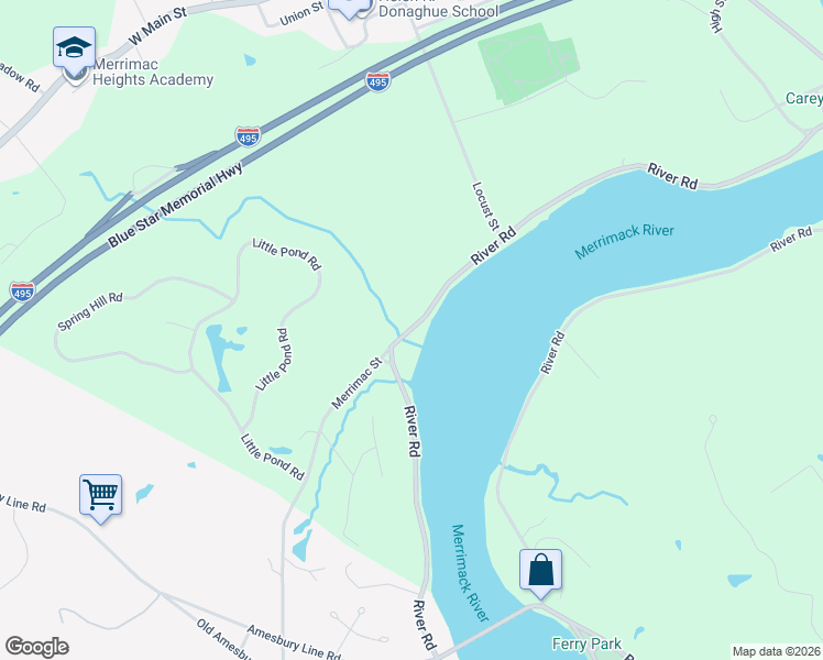 map of restaurants, bars, coffee shops, grocery stores, and more near 25 River Road in Merrimac